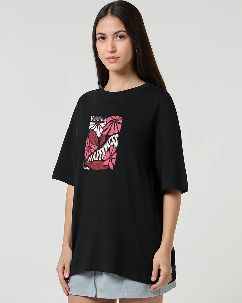 bewakoof Women's Black Happiness Graphic Printed Oversized T-shirt
